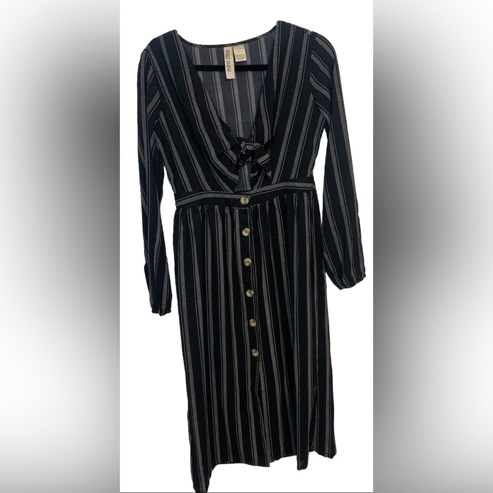 Mimi Chica womens dress size small fit flare black striped long sleeve Vneck